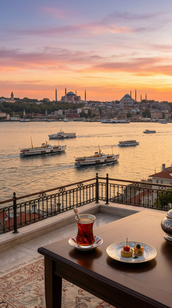Boğaz kıyısında gün batımında sakin bir masa
