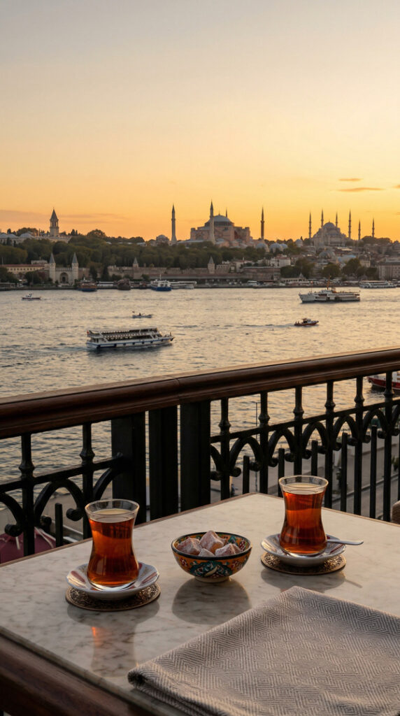 A calm table set beside the Bosphorus at sunset