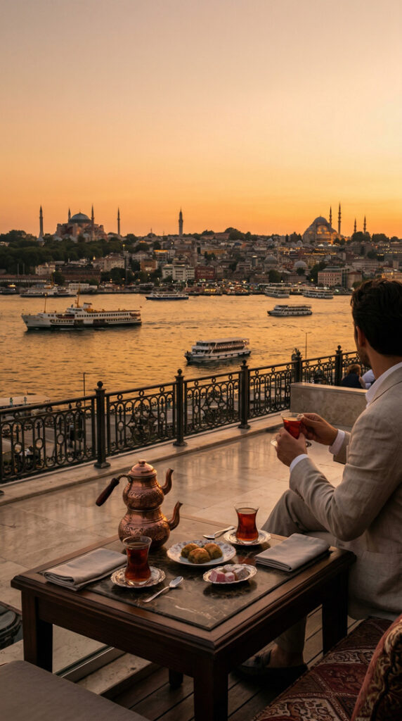 Ruhige Stimmung mit gedecktem Tisch und Abendsonne über dem Bosporus